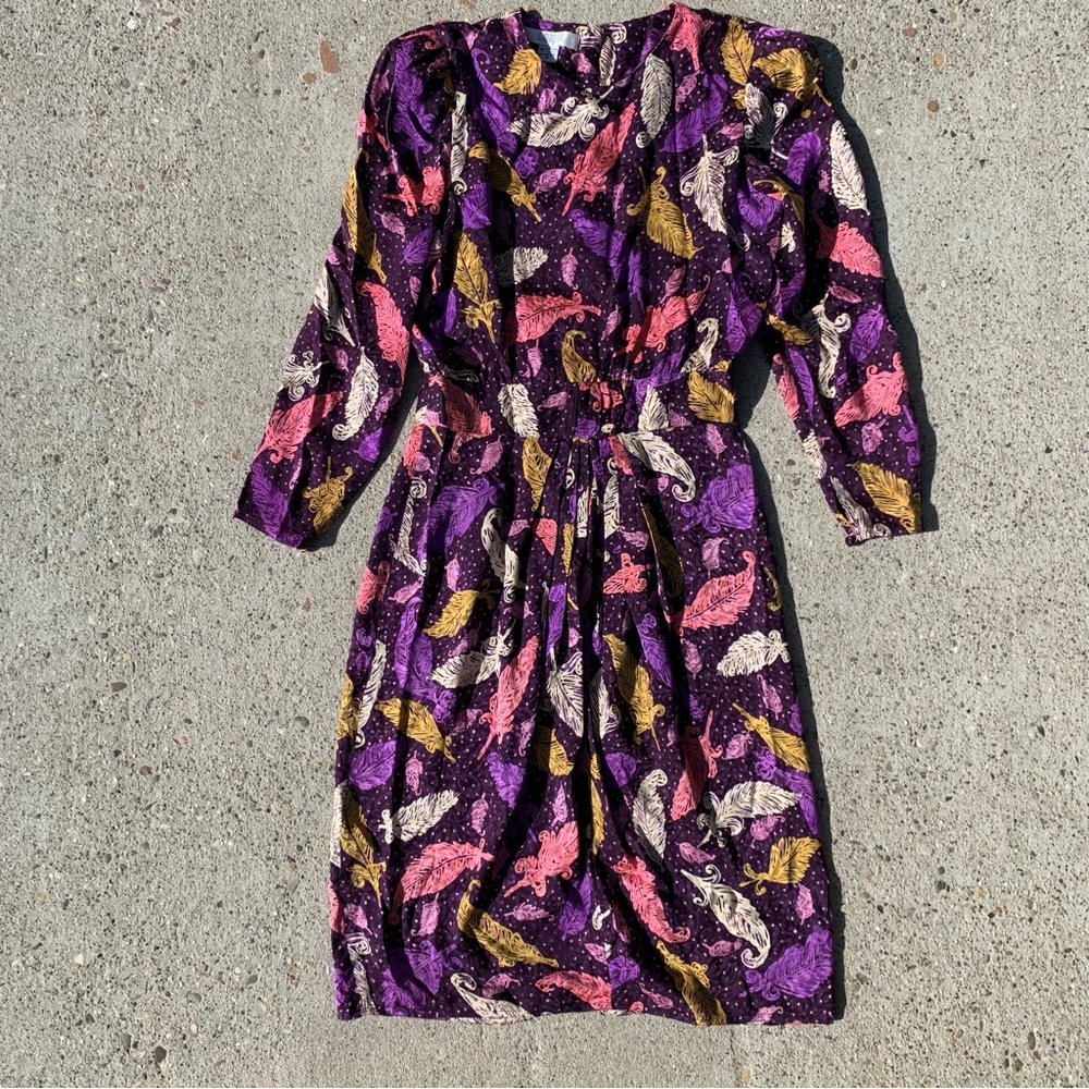 Vintage 80s Imagnin Silk Leaf & Polka Dot Pattern Silk Power Dress
